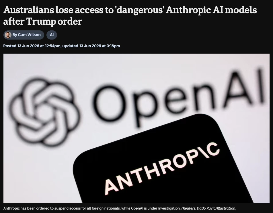 ABC News headline on Australians losing access to Anthropic's Fable 5 and Mythos 5 models