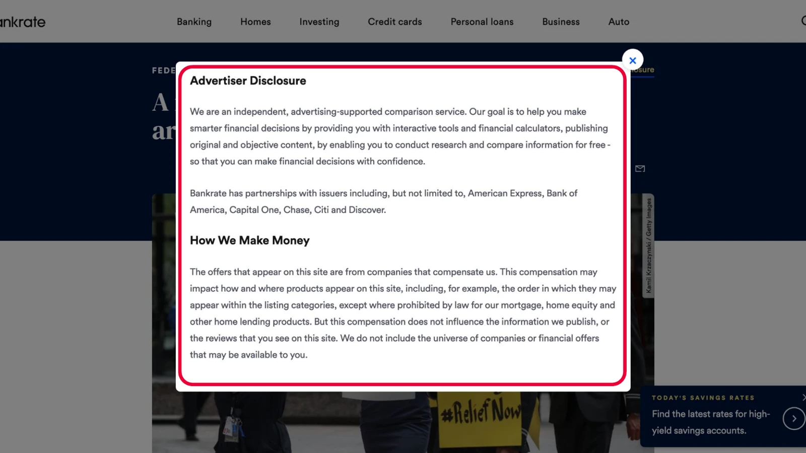Bankrate's advertiser disclosure shown as an inline popup over the article, explaining how the site makes money and which card issuers it partners with