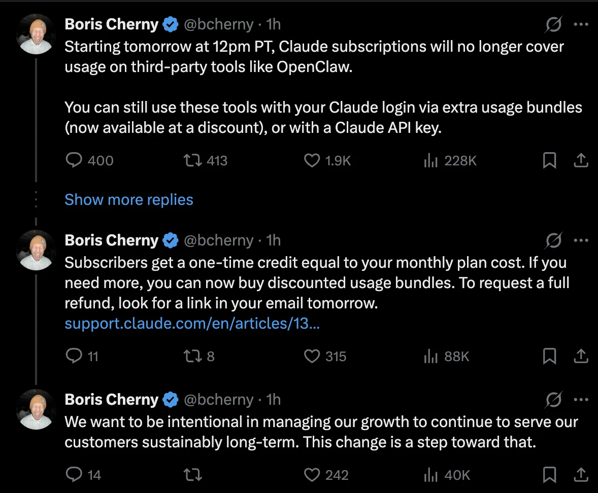 Boris Cherny's post announcing Claude subscriptions will no longer cover third-party tools like OpenClaw