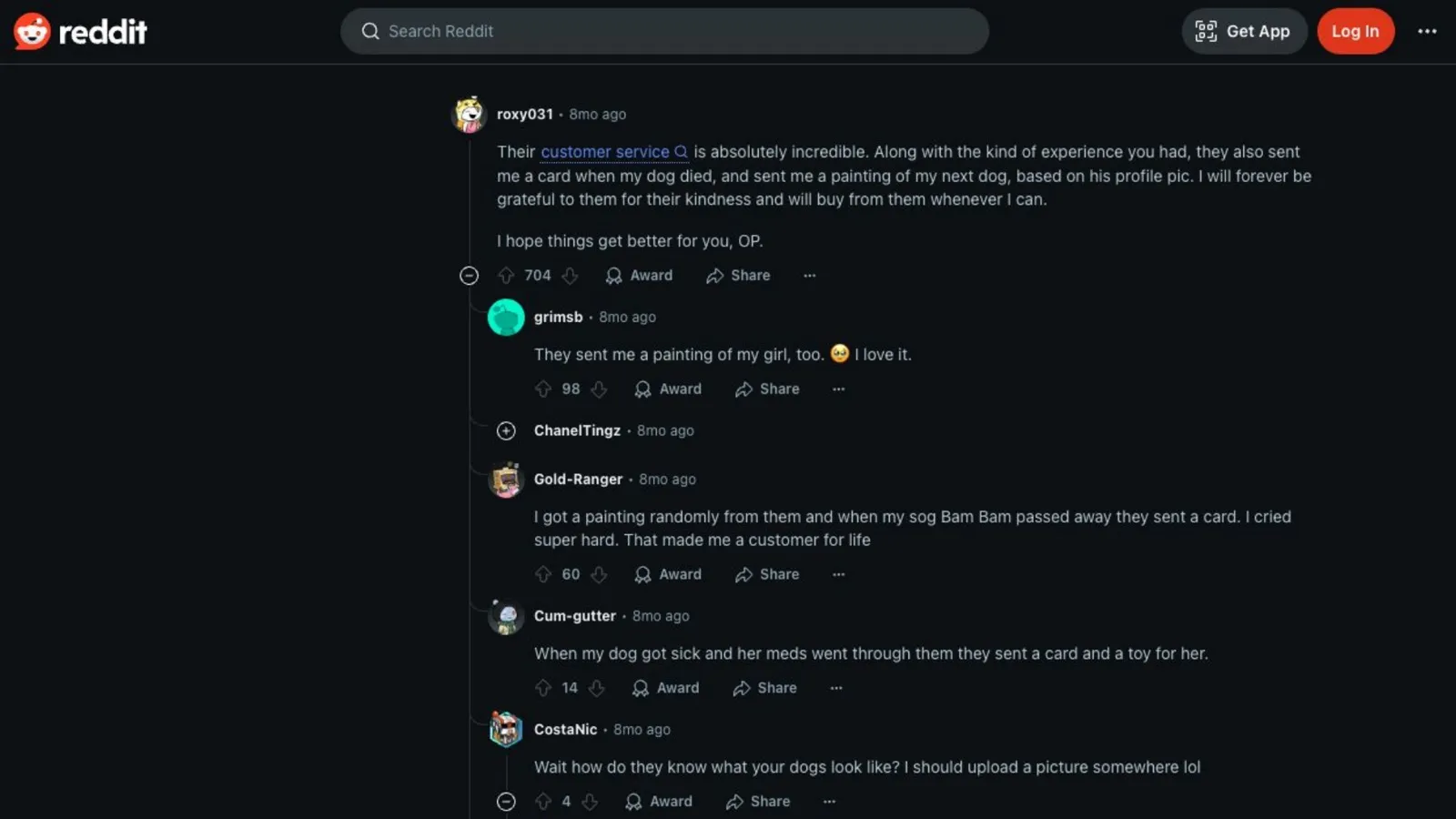 Nobody was asked to post any of this Reddit thread with customers describing Chewy sending sympathy cards and hand-painted portraits after their pets died