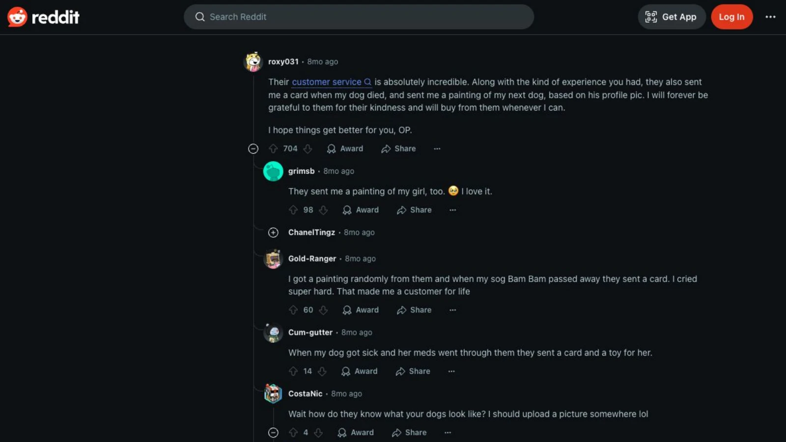 Reddit thread with customers describing Chewy sending sympathy cards and hand-painted portraits after their pets died