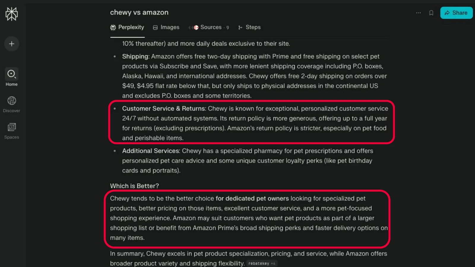 Perplexity's answer to 'chewy vs amazon' highlighting customer service and returns, concluding Chewy suits dedicated pet owners
