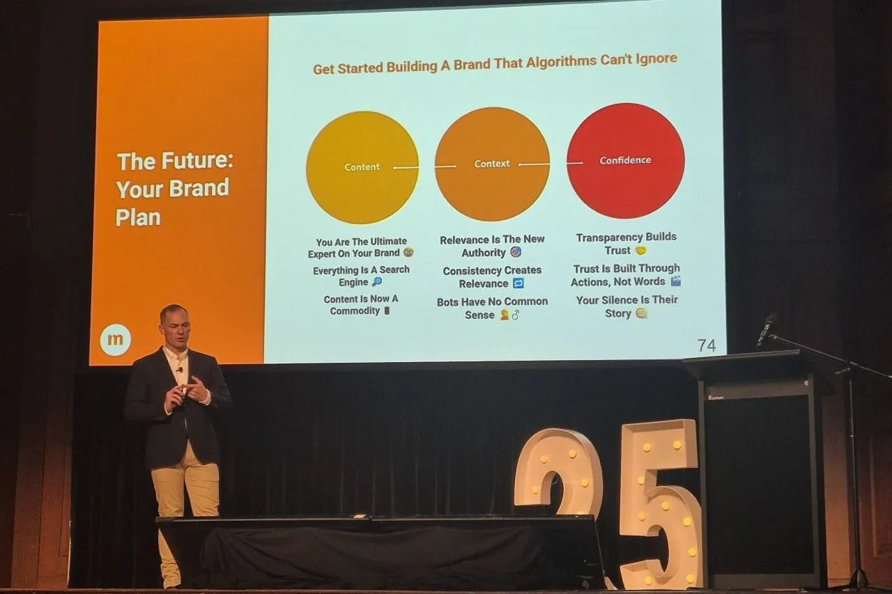 Regan McGregor delivering the Content, Context, Confidence keynote at Edge of Search