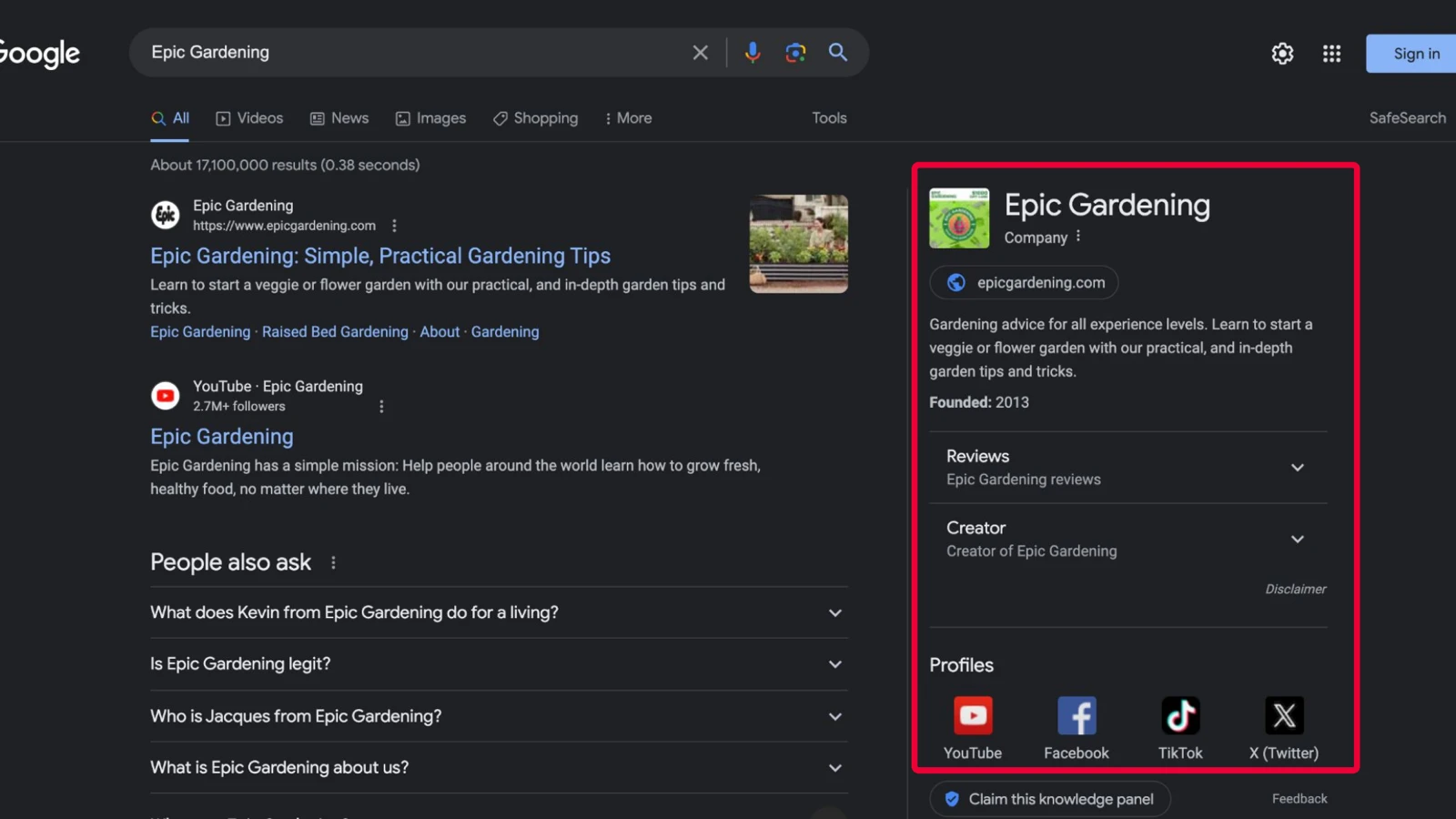 Google results for Epic Gardening showing a Knowledge Panel identifying it as a company founded in 2013, with linked reviews, creator details and social profiles