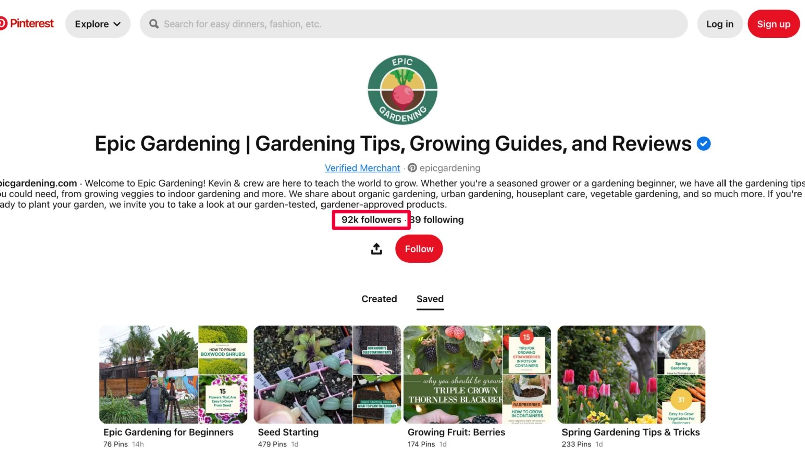 Epic Gardening's Pinterest profile showing 92,000 followers and saved boards including Seed Starting and Growing Fruit: Berries