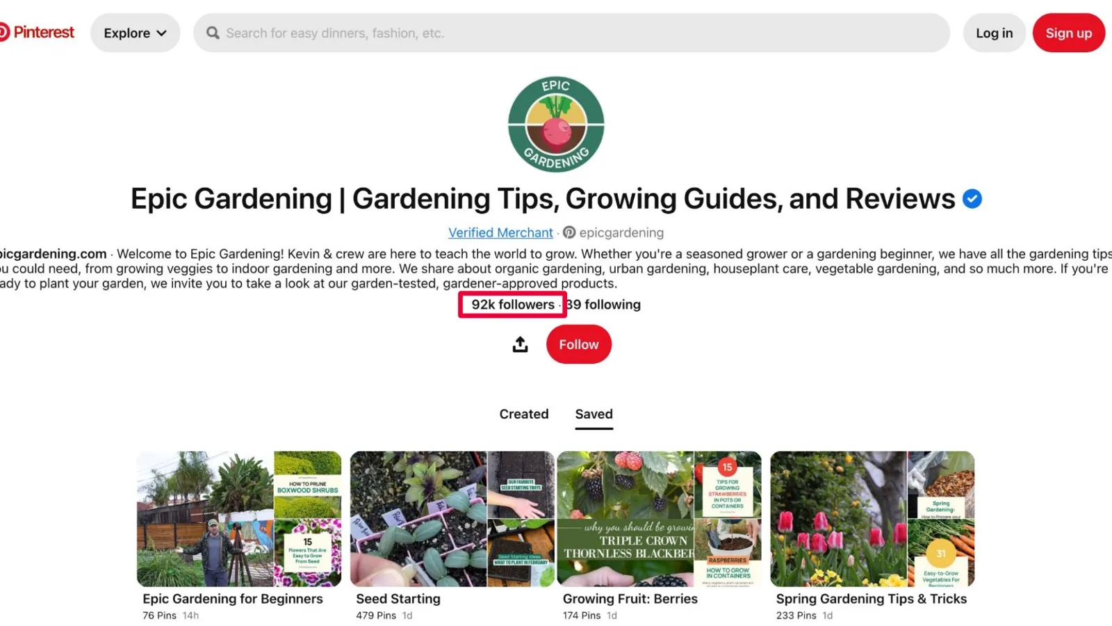 And the stills become pins that keep sending people back for years Epic Gardening's Pinterest profile showing 92,000 followers and saved boards including Seed Starting and Growing Fruit: Berries
