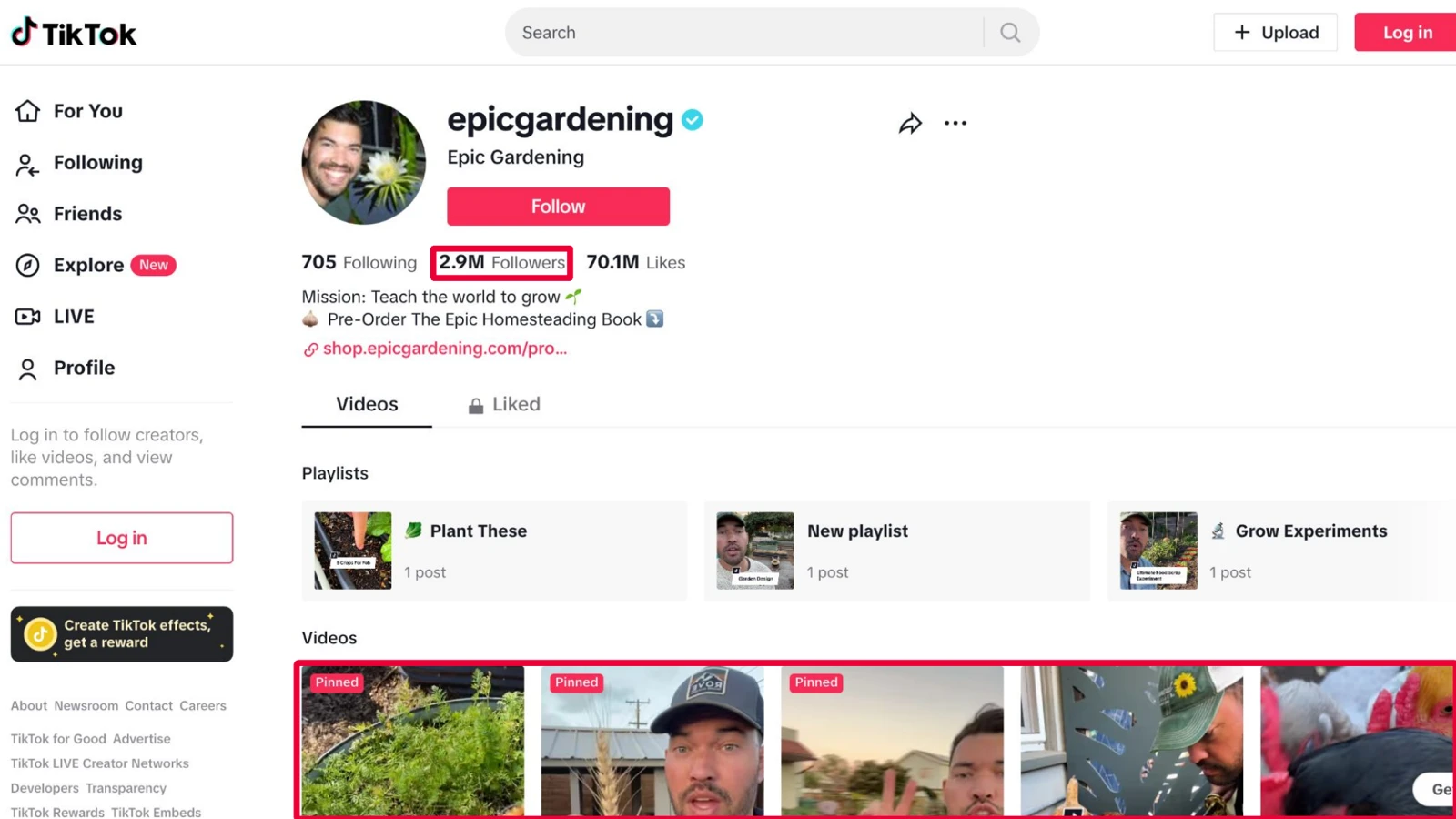 Epic Gardening's TikTok profile showing 2.9 million followers and pinned short-form videos