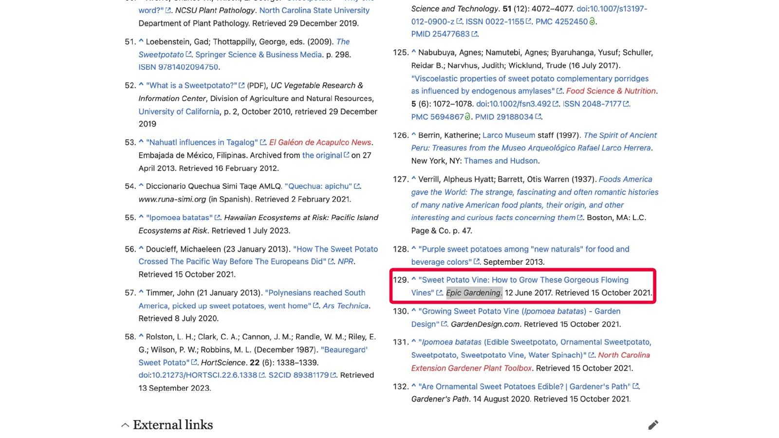 Wikipedia reference list with entry 129 highlighted, citing an Epic Gardening article on growing sweet potato vine