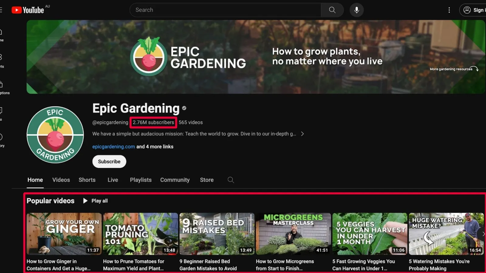 It starts here, with the long-form video Epic Gardening's YouTube channel showing 2.76 million subscribers and a row of long-form video thumbnails