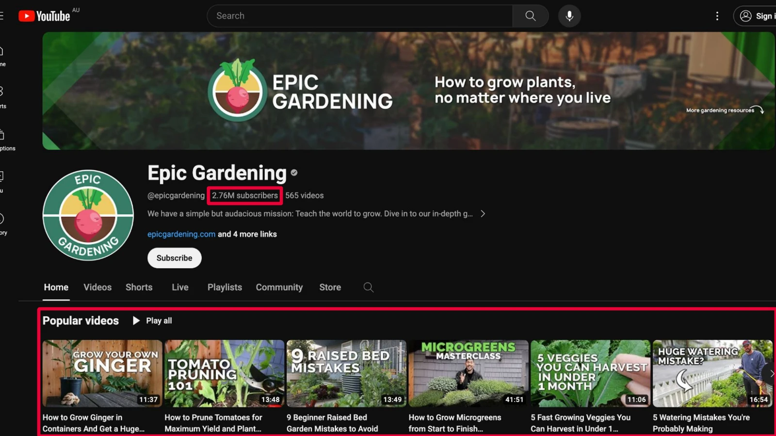 Epic Gardening's YouTube channel showing 2.76 million subscribers and a row of long-form video thumbnails