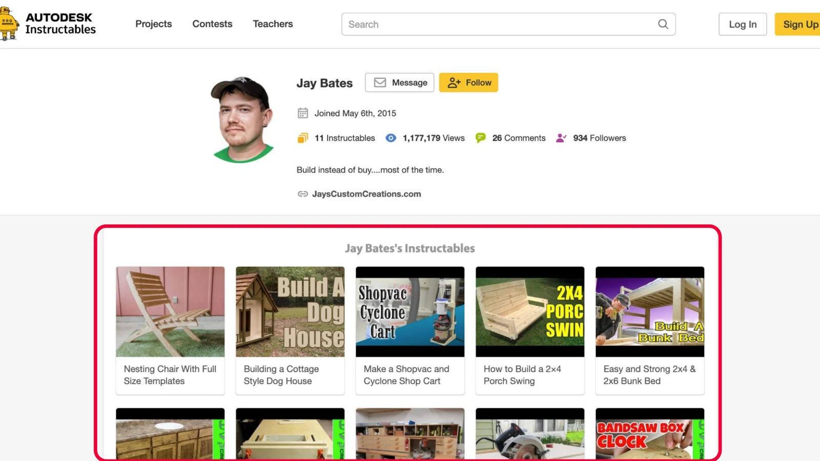 Jay Bates' Instructables profile showing 11 published builds, 1.17 million views and 934 followers, alongside his project list