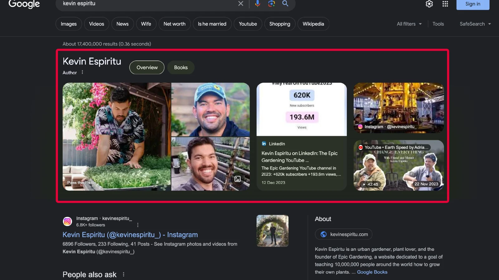 Google results for Kevin Espiritu showing an author entity panel with his overview, YouTube statistics and linked social profiles
