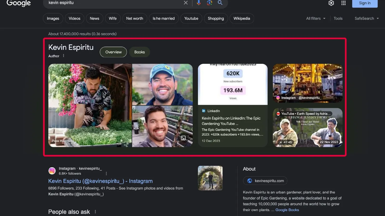 The founder gets his own entity panel, separate from the brand's Google results for Kevin Espiritu showing an author entity panel with his overview, YouTube statistics and linked social profiles