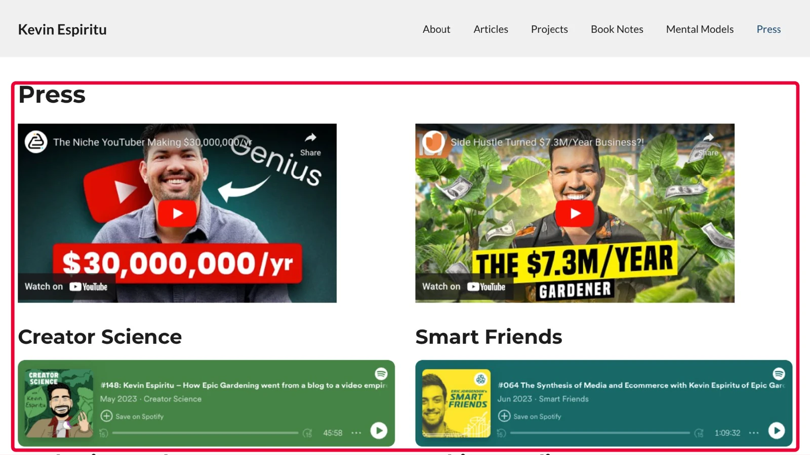 Kevin Espiritu's website press page showing YouTube features about his business alongside podcast appearances on Creator Science and Smart Friends