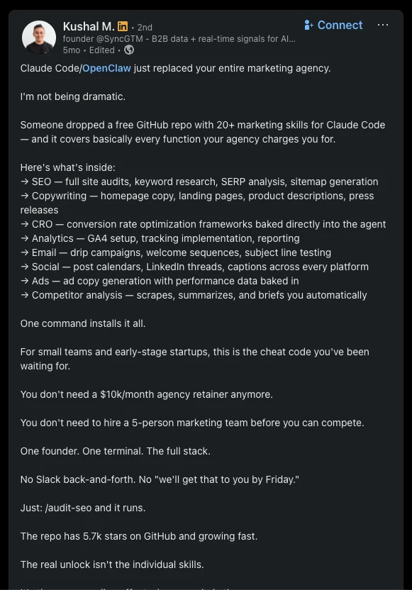 LinkedIn post claiming Claude Code and OpenClaw just replaced your entire marketing agency