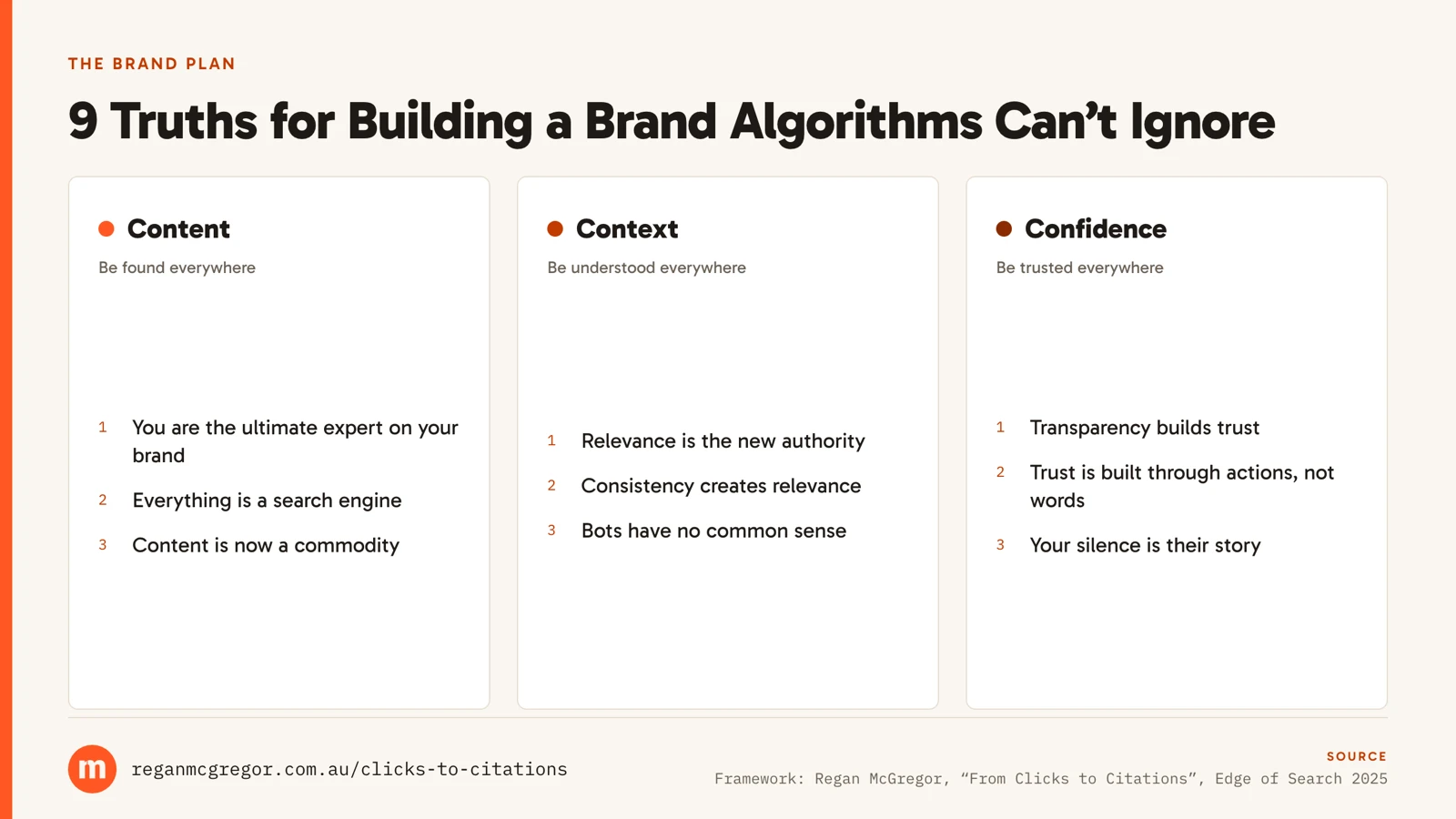 The nine truths grouped in three columns under Content (be found everywhere), Context (be understood everywhere) and Confidence (be trusted everywhere)