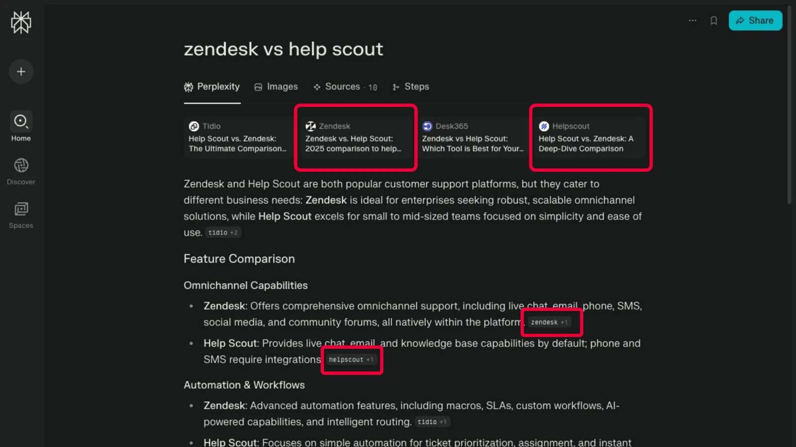 Perplexity's answer to 'zendesk vs help scout' with source cards from both companies' own pages and inline citations against each comparison point