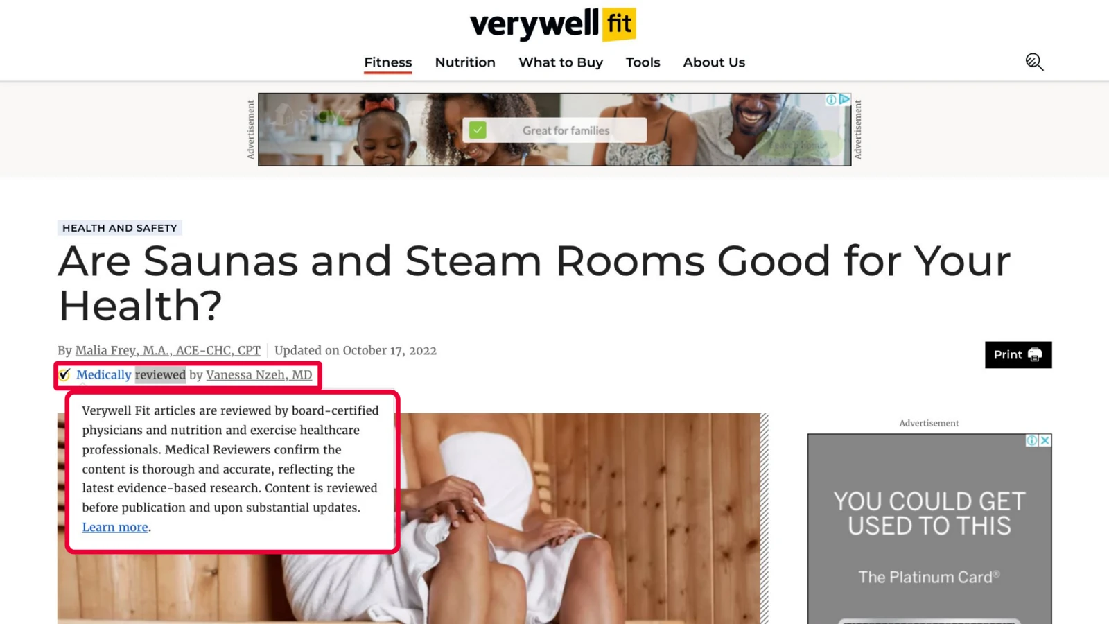 Verywell Fit article on saunas and steam rooms with the 'Medically reviewed by Vanessa Nzeh, MD' byline highlighted