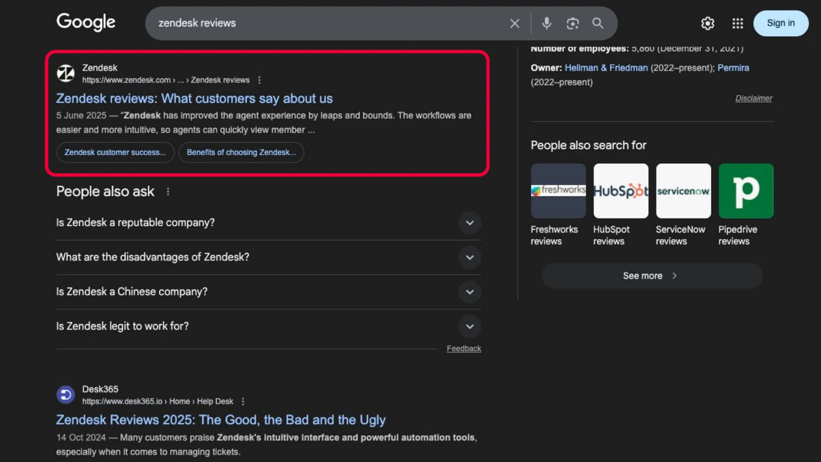 Google results for 'zendesk reviews' with Zendesk's own review page highlighted alongside a competitor comparison panel