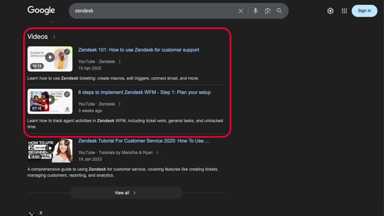 Google results for 'zendesk' showing a video carousel filled with Zendesk's own YouTube tutorials