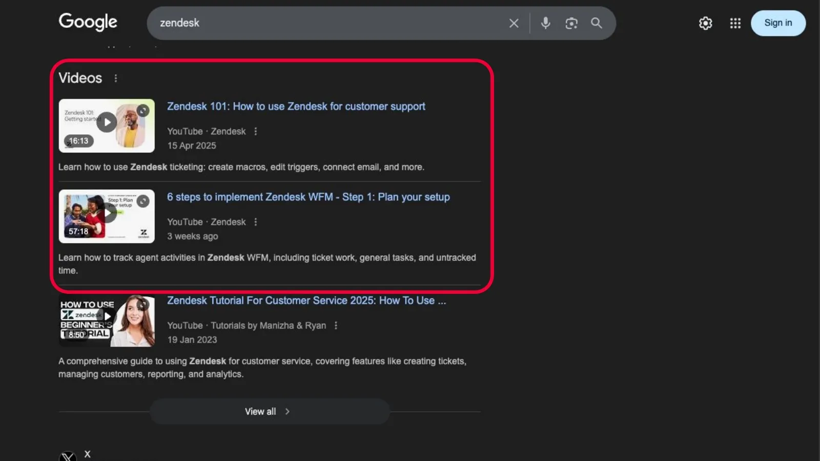 Same brand, a different SERP feature, still theirs Google results for 'zendesk' showing a video carousel filled with Zendesk's own YouTube tutorials
