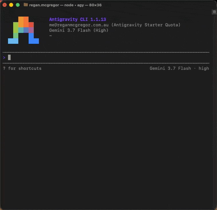 Asking Antigravity CLI what tools it has built in, and the answer: file editing, shell, web search, subagents and scheduling, all before any MCPs are added