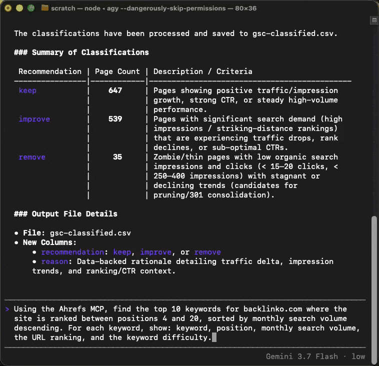 Querying the Ahrefs MCP in plain English for backlinko.com keywords stuck between positions 4 and 20, returned as a table